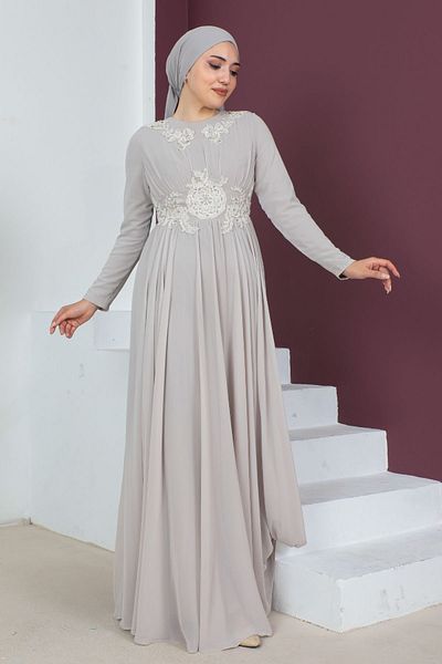 PHELDA Waist Detailed Hijab Evening Dress 716-beige