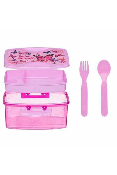 Micostore Children's Compartmented Casserole, With Cutlery, Butterfly Pattern, 920 Ml, 18 X 13.5 X 8.3 Cm