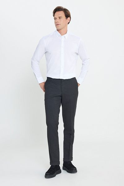 ALTINYILDIZ CLASSICS Anthracite Flannel Slim Fit Men's Trousers with Hidden Waist Rubber and Side Pockets