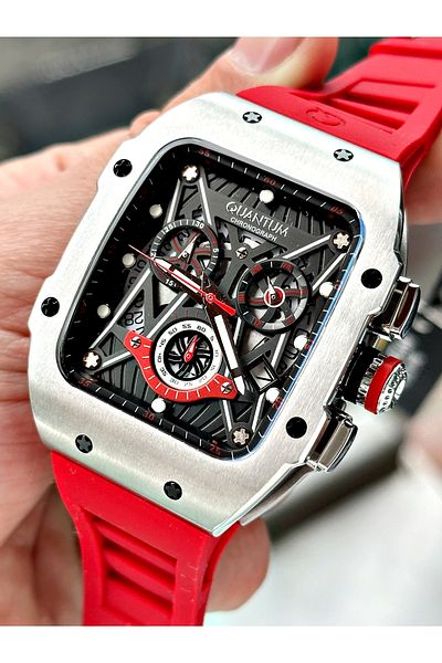 Quantum Function Red Color Silicone Cord Steel Case Men's Wrist Watch 1080.058