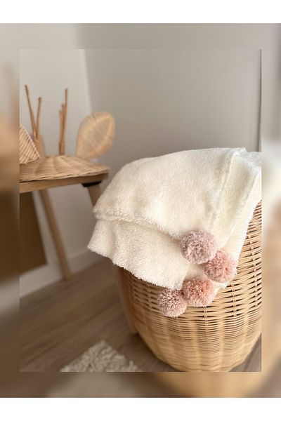efecco Welsoft Plush Baby Blanket - 110X100 Cm, Baby Blanket with Pompom