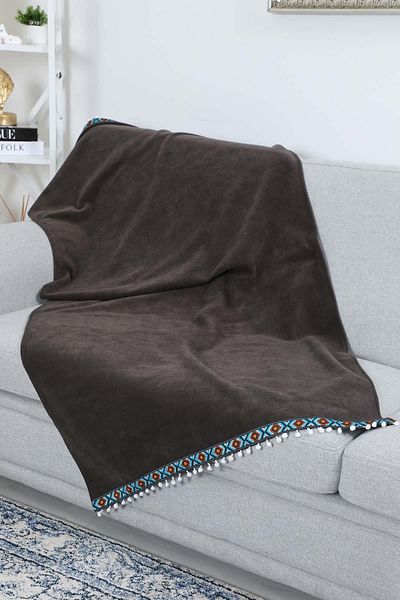 Aisha's Design Şal de canapea din lână anti-alunecare - model dungi şi pompon, pătură TV 90x175cm,ks-6