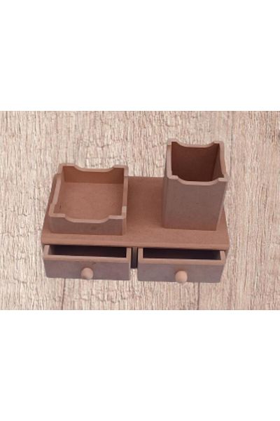 BENGİ TİCARET Hobby Adn 90066 Decorative Pen Holder Set Double Model Raw Mdf Wooden Drawer Handmade