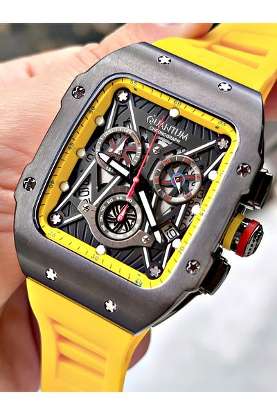 Quantum Function Yellow Color Silicone Cord Steel Case Men Wrist Watch 1080.054