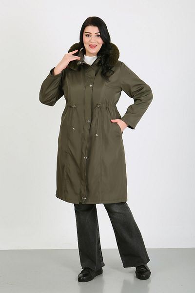 By Alba Collection Women's Khaki Water Resistant Long Bondit Fabric Wool Inside Plus Size Coat