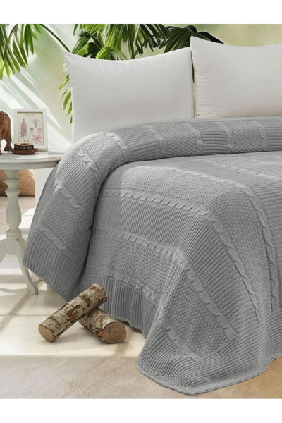 YGT Home Maglieria Triko Örgülü Çift Kişilik Yatak Örtüsü Gri | Çift Kişilik Battaniye 200x220