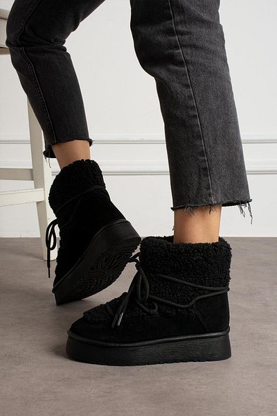 ShoeTek Γυναικείες μπότες Leonya - Lace-Up Snow Boots, Shearling Black Suede