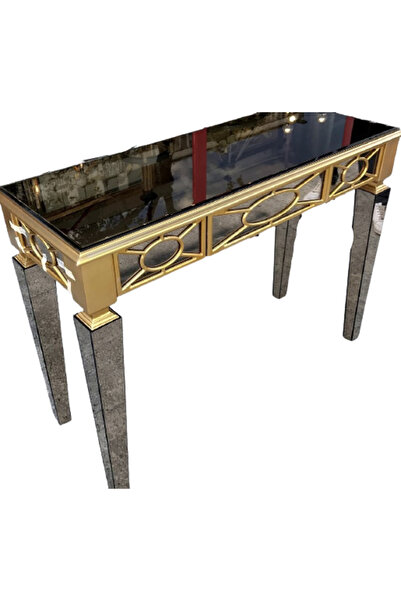 BENGİ TİCARET Dresuar 17961 Motifli Model Ayna Kaplama Parlak Gold Kayın Ayak Çekmec El Yapım