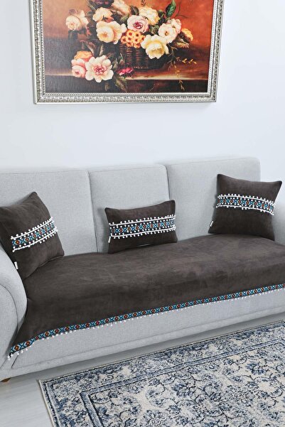 Aisha's Design Striped Pattern and Pompom Non-Slip Fleece Sofa Cover 90X200Cm, Ko-36, Smoked