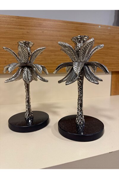 PLUS HOME DEKORATİF 2'Lİ DÖKÜM PİRİNÇ MUMLUK GÜMÜŞ 24 CM