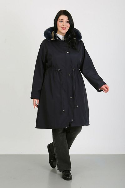 By Alba Collection Women's Dark Navy Water Resistant Long Bondit Fabric Inside Wool Plus Size Coat