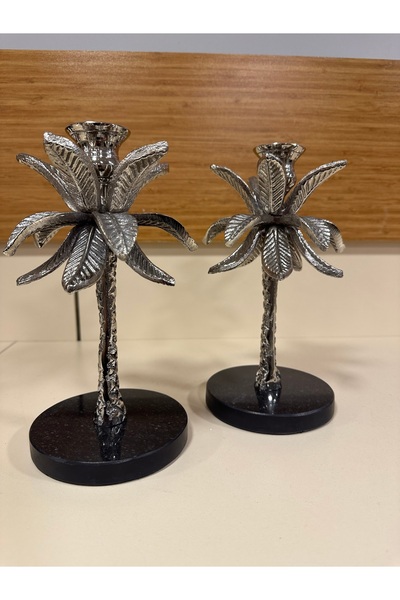 PLUS HOME DEKORATİF 2'Lİ DÖKÜM PİRİNÇ MUMLUK GÜMÜŞ 24 CM