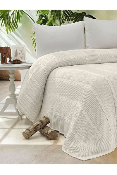 YGT Home Maglieria Knitwear Braided Double Bedspread Cream |   Double Blanket 200X220