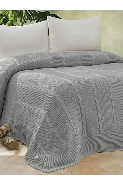 YGT Home Maglieria Gray Knitwear Braided Double Bed Blanket - 200X220
