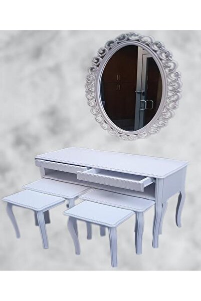 BENGİ TİCARET Dresuar-zigon Tk 14600 Aslan Model Kayın Parlak Beyaz Boya Nakış Oval Ayna Elyapı