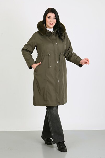 By Alba Collection Women's Khaki Water Resistant Long Bondit Fabric Wool Inside Plus Size Coat