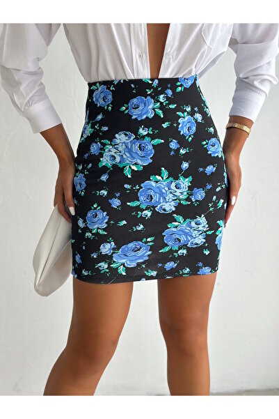 MaxiMor Kadın Çiçek Desenli Beli Lastikli Interlok Kumaş  Mini Etek  Mevsimlik Boy 50 cm