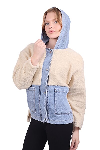 Rays موديل 9063 معطف قطيفة بغطاء للرأس وتفاصيل من الدنيم - حجري