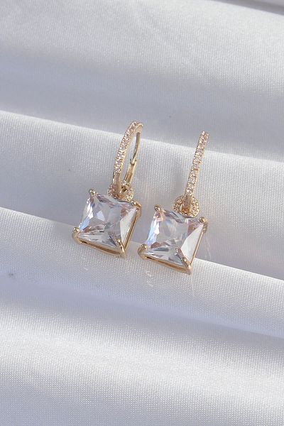 ZL Shoping 5T0Ck Brass Gold Color Square Zircon Stone Hoop Earrings