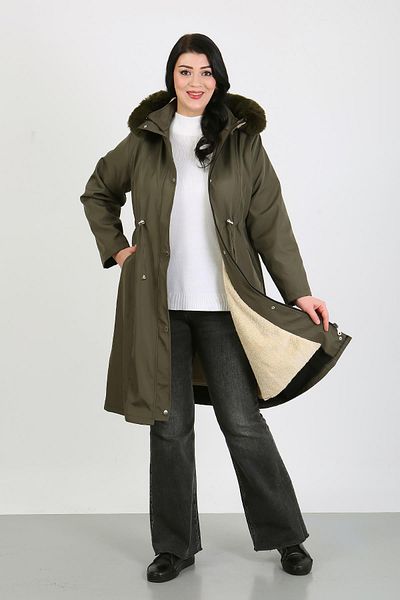By Alba Collection Women's Khaki Water Resistant Long Bondit Fabric Wool Inside Plus Size Coat