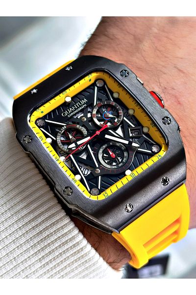 Quantum Function Yellow Color Silicone Cord Steel Case Men Wrist Watch 1080.054