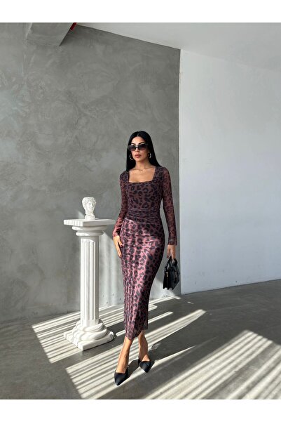 NFES TEKSTİL Kare Yaka Leopar Desenli Drapeli Tül Elbiseler