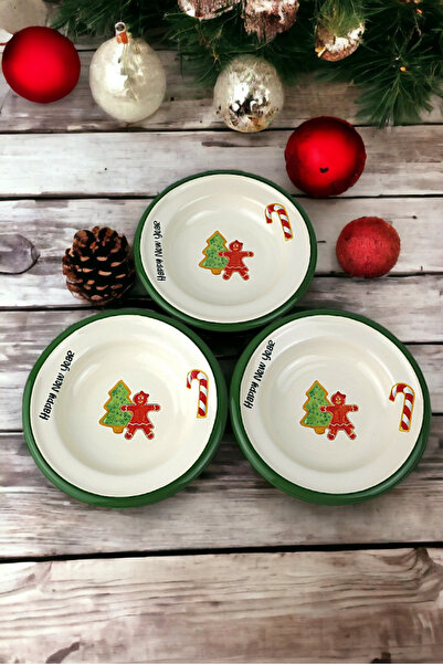 İnci Emaye 3 Pieces 14cm Enamel Plate Set, Breakfast Plate, Jam, Olive, Cheese Plate, Dowry, Christmas Gift