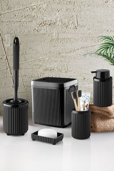 Eminem 5 Piece Luxury Bathroom Set - Decorative Round Practical Lid Dustbin Toothbrush Holder Soap Dispenser Brush Set