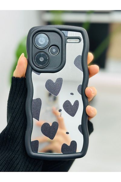 Go Aksesuar جراب سيليكون بتصميم قلب أسود عاكس متوافق مع هاتف Xiaomi Redmi Note 13 Pro Plus 5G