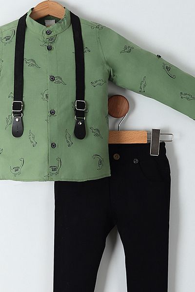 Pollito Boy's Dinosaur Print Cotton Shirt Gabardine Pants 3 Piece Set