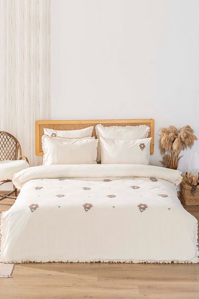 Rivaİstanbul Set cuvertură de pilota și set de zestre dublu Florita Bej 100% bumbac brodat