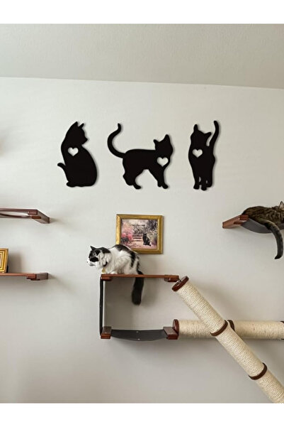10kdekor 3'lü Ahşap Siyah Minimalist Kedi Tabloları - Şık ve Modern Duvar Dek...