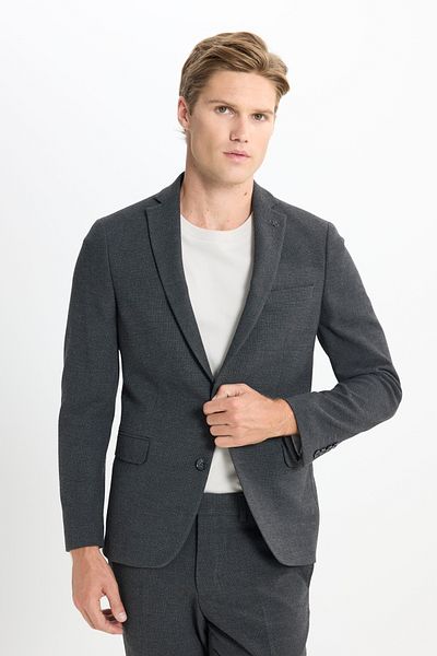 ALTINYILDIZ CLASSICS Men's Anthracite Slim Fit Slim Fit Mono Neck Seersucker Print Cover Pocket Suit