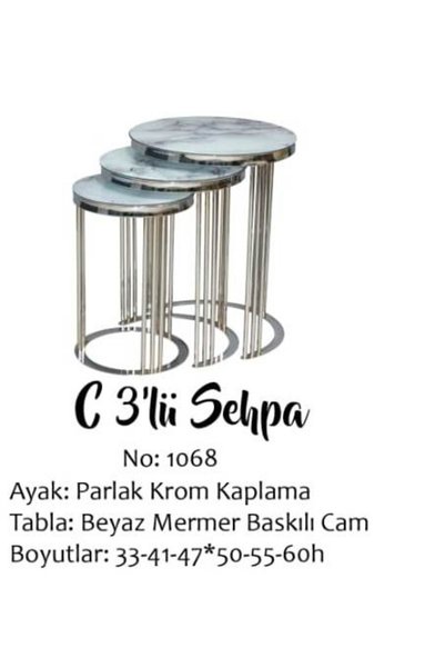 Genel Markalar Brc EKO C 13382 Zigon Sehpa 3lü Beyaz Mermer Desen Metal Parla...