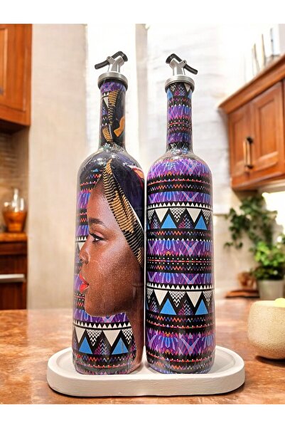 Mes Reves Afrikalı Kadın ve Geometrik Desenli Özel Tasarım Yağdanlık-Sirkelik Sosluk Seti- Ev ve Mutfak Dekor