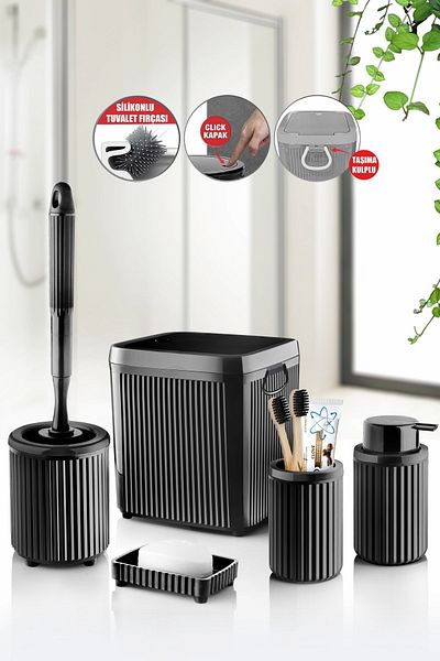 Eminem 5 Piece Luxury Bathroom Set - Decorative Round Practical Lid Dustbin Toothbrush Holder Soap Dispenser Brush Set