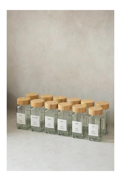 PANJI Set of 12 Square Form Glass Spice Jars with Bamboo Lids / 16 Labels