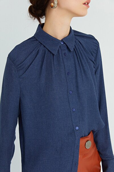rue Navy Blue Shirt with Drape Detail on the Collar