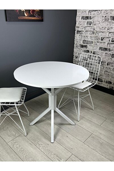 hey Saray Beyaz Yuvarlak Mutfak Yemek Masası Balkon Masası Metal Beyaz Ayak 80 Cm
