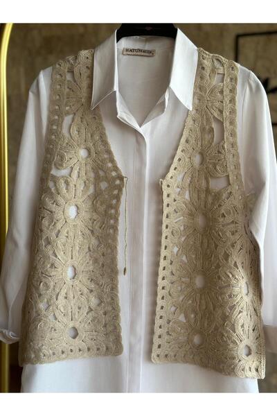 Hatun Atila Women's Acrylic Vest - Hatunatila Ecru Model 5153