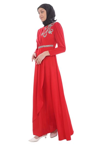lodmela Red Hijab Evening Dress - Stone Embroidery Detail, Model 687