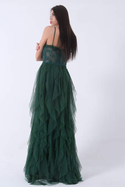 Feminist Transparent Jewelled Skirt Frilly Evening Dress Emerald9705034