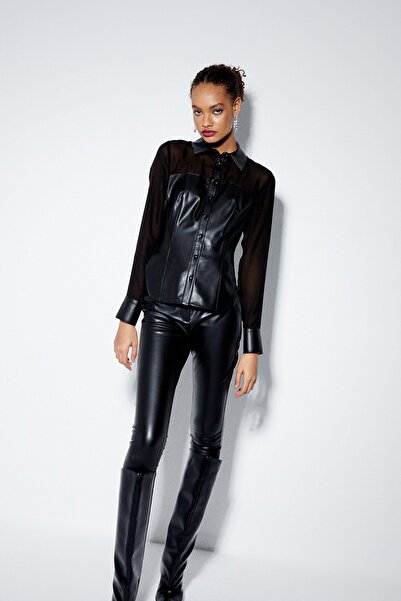 rue Organza Detailed Black Faux Leather Shirt
