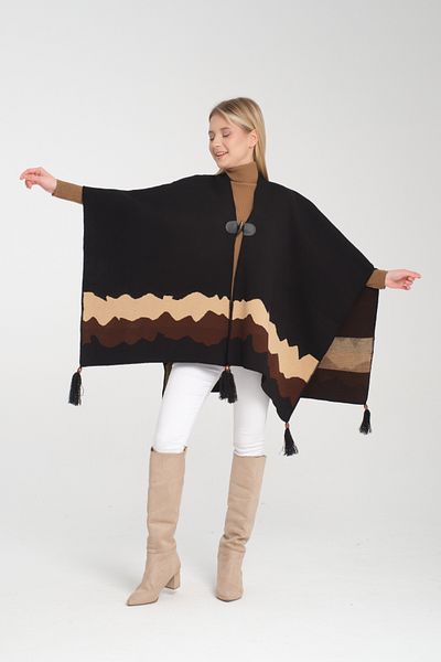 Wega Moda Stylish Knitwear Poncho - Wave Print, Fisherman's Stitching and Button Detail, Outerwear Poncho