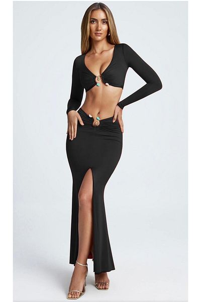 pink life Black Buckle Slit Maxi Double Set