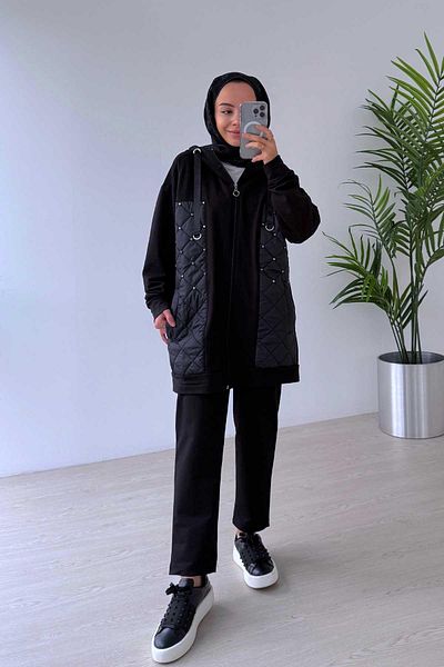 Ka Hijab Stone Detailed Quilted Two Thread Hijab Set of 2 - Black