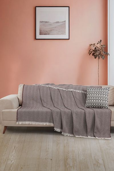LADYNİL Κάλυμμα καναπέ με κρόσσια 180x210 Βαμβακερό καφέ σάλι