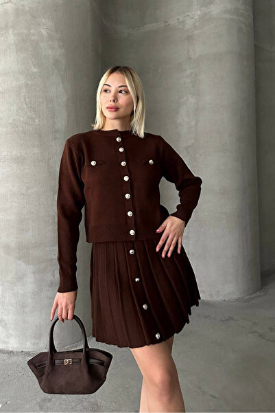 novalook Тъмнокафяв мини пола кардиган дамски комплект от горна и долна част