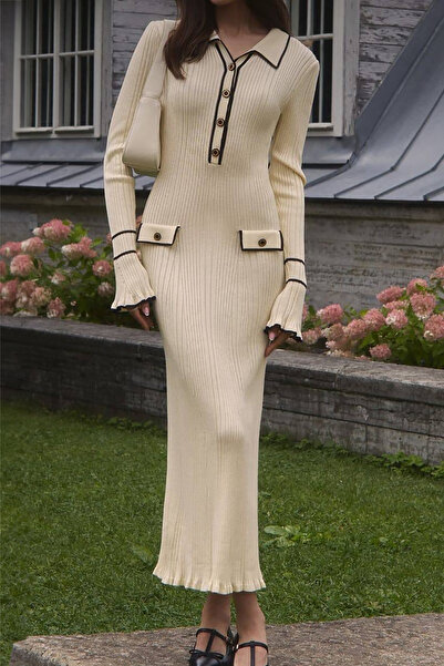 novalook Rochie midi bej cu guler tip cămașă