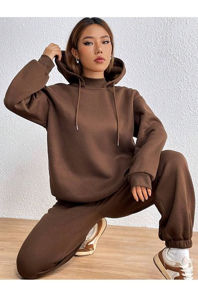 butik duru bakırcı Women's Black Thick Fleece Tracksuit Set